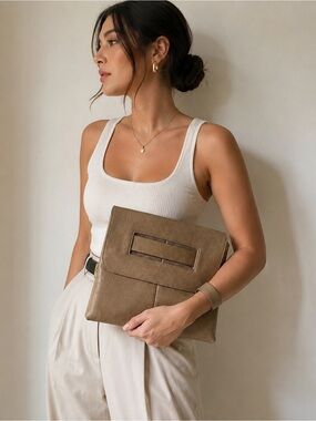 Taupe Fold-Over Leather Clutch - Women's Handbag